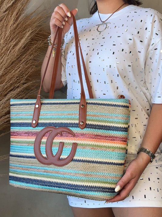 Bolsa Tote Tejida Estilo Boutique – Tono Beige & Negro ⚫
