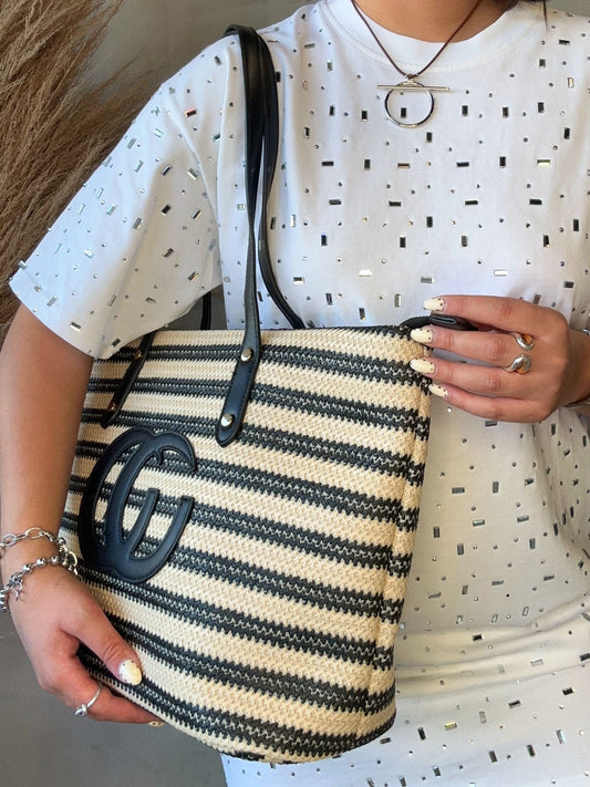 Bolsa Tote Tejida Estilo Boutique – Tono Beige & Negro ⚫